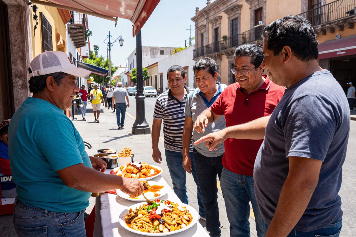 Guadalajara Mexico Midday Street Scene with Local Food and Urban Activity in in Guadalajara, Mexico