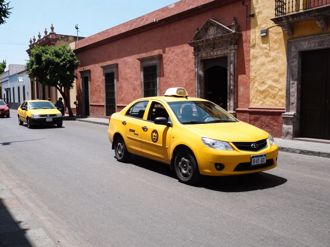 Guadalajara Mexico Midday Street Scene with Yellow Taxi and Local Market Activity in in Guadalajara, Mexico