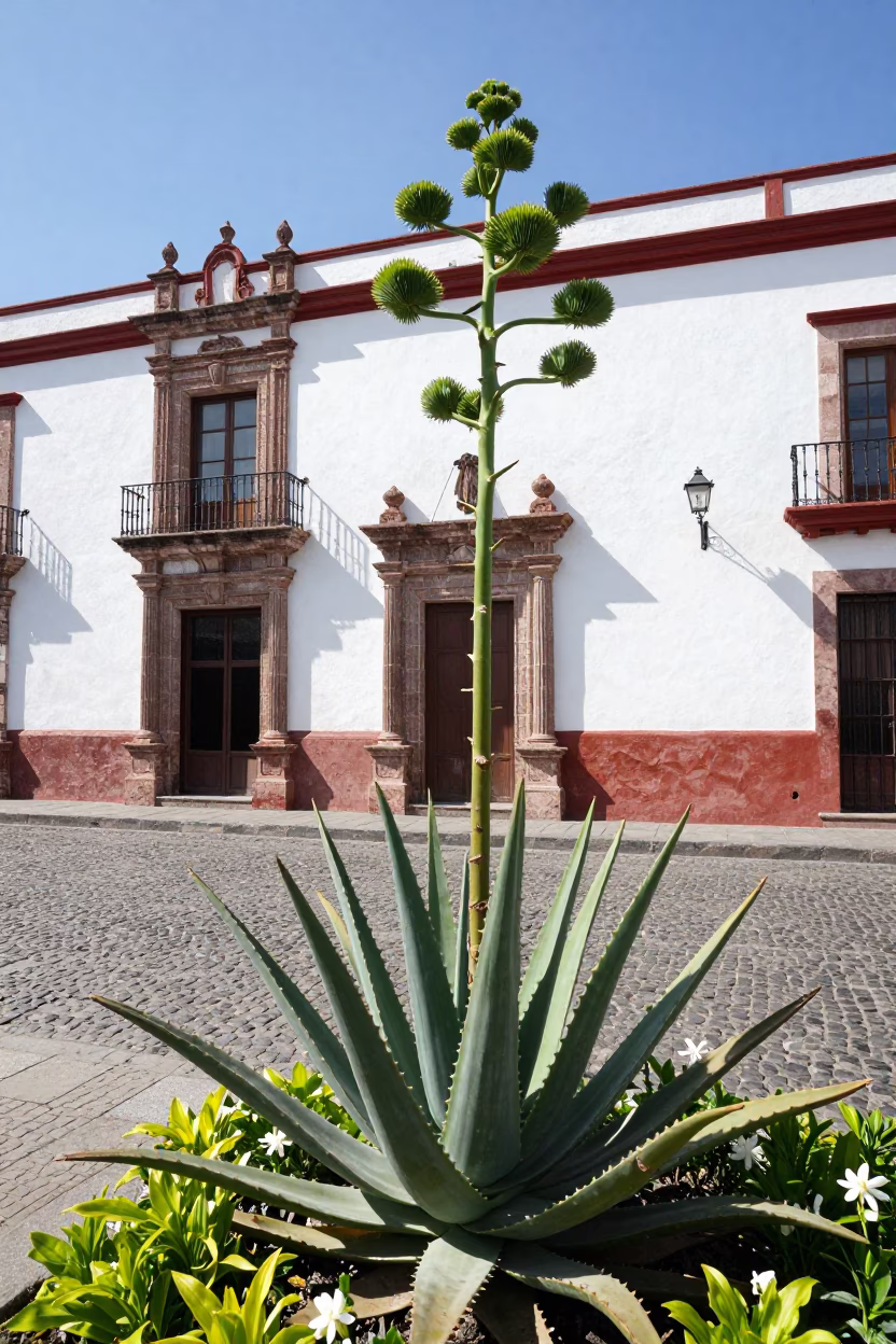 Guadalajara Mexico Midmorning Street Scene with Aloe Vera and Gardenia Bush in in Guadalajara, Mexico