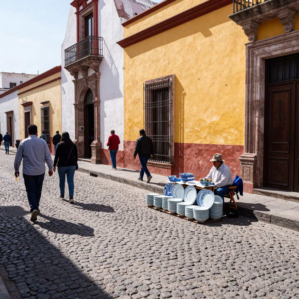 Guadalajara Mexico Midmorning Street Scene with Blue White Porcelain and Olive Branch in in Guadalajara, Mexico