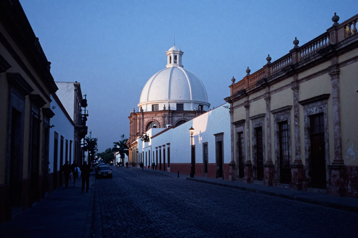 Guadalajara Mexico Nautical Dawn Street Scene with Observatory Dome and Heritage Tram in in Guadalajara, Mexico