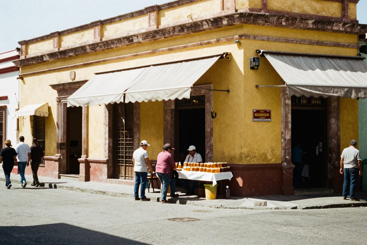 Guadalajara Mexico Noon Street Scene with Vendor Selling Traditional Honey Drizzled Loukoumades in in Guadalajara, Mexico