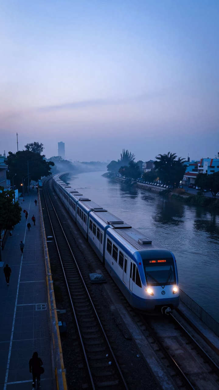Guadalajara Mexico Pre-Dawn Monorail Sweep Over River Blue Hour Street Scene in in Guadalajara, Mexico