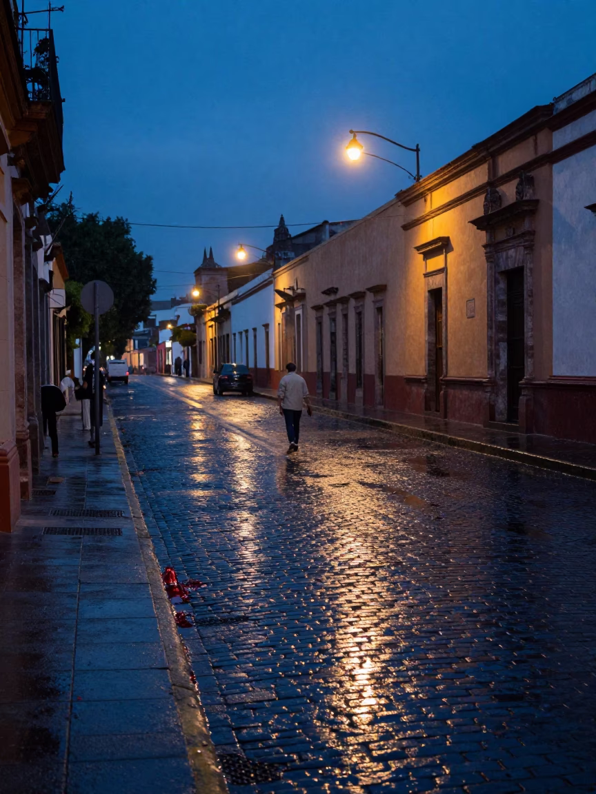 Guadalajara Mexico Pre-Dawn Street Scene With Rain Boots And Bleeding Heart Vine in in Guadalajara, Mexico