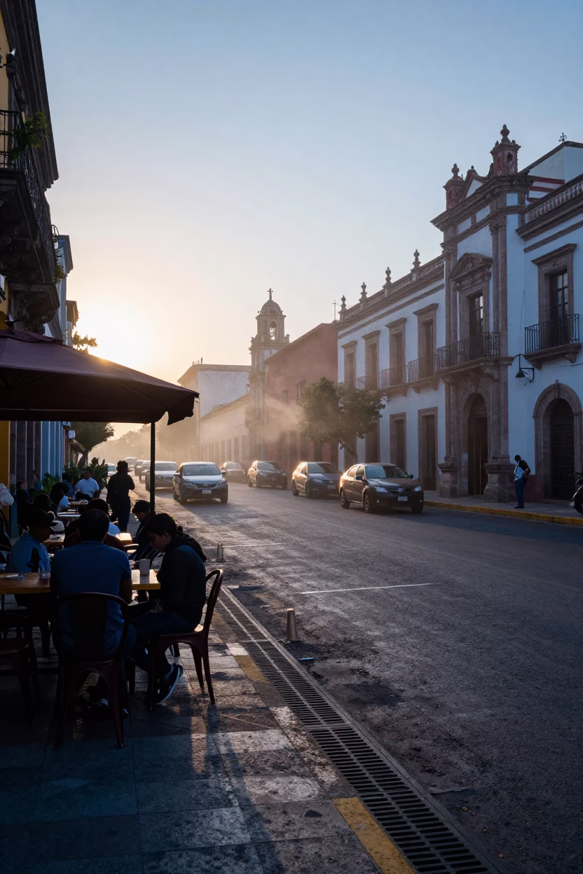 Guadalajara Mexico pre-dawn street scene with steam haze and morning activity in in Guadalajara, Mexico
