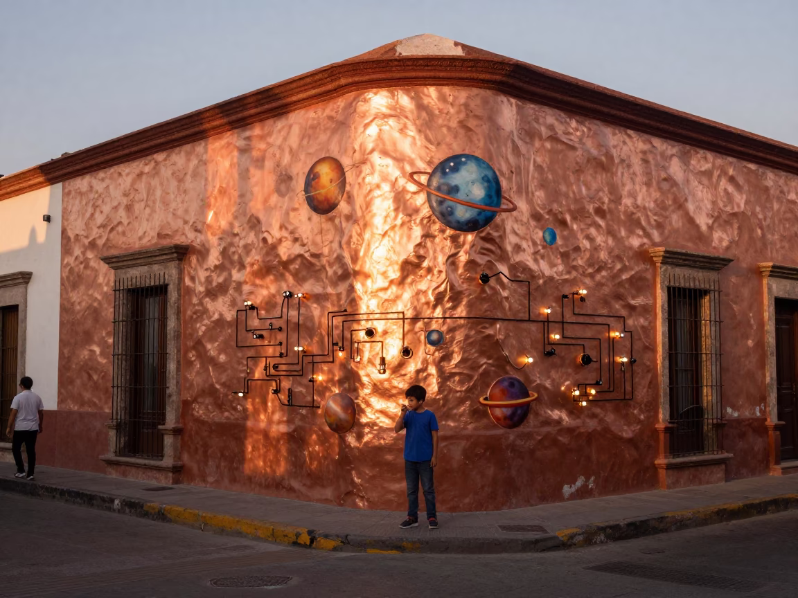 Guadalajara Mexico street corner dusk copper light plaster wall and cardboard science fair display in in Guadalajara, Mexico
