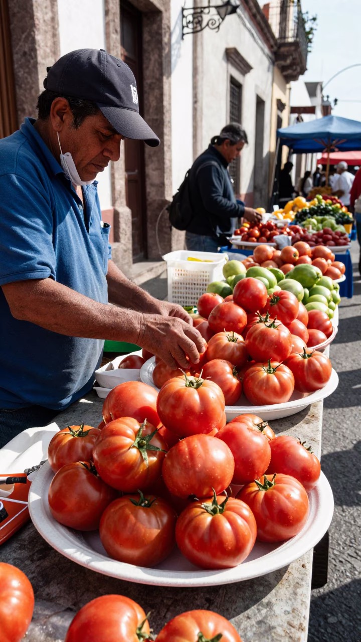 Guadalajara Mexico Street Market Early Afternoon Tomatoes and Blue White Porcelain Plate in in Guadalajara, Mexico