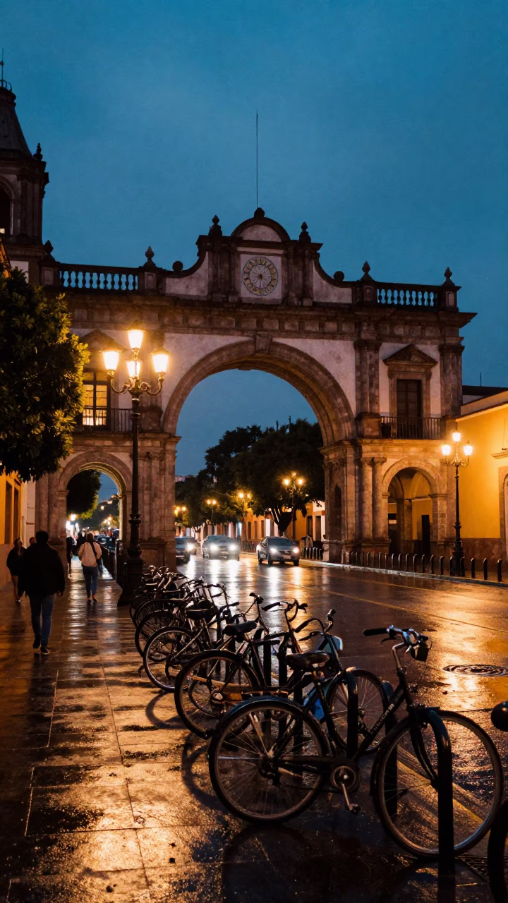 Guadalajara Mexico street scene at dusk with university archway and bicycles in in Guadalajara, Mexico