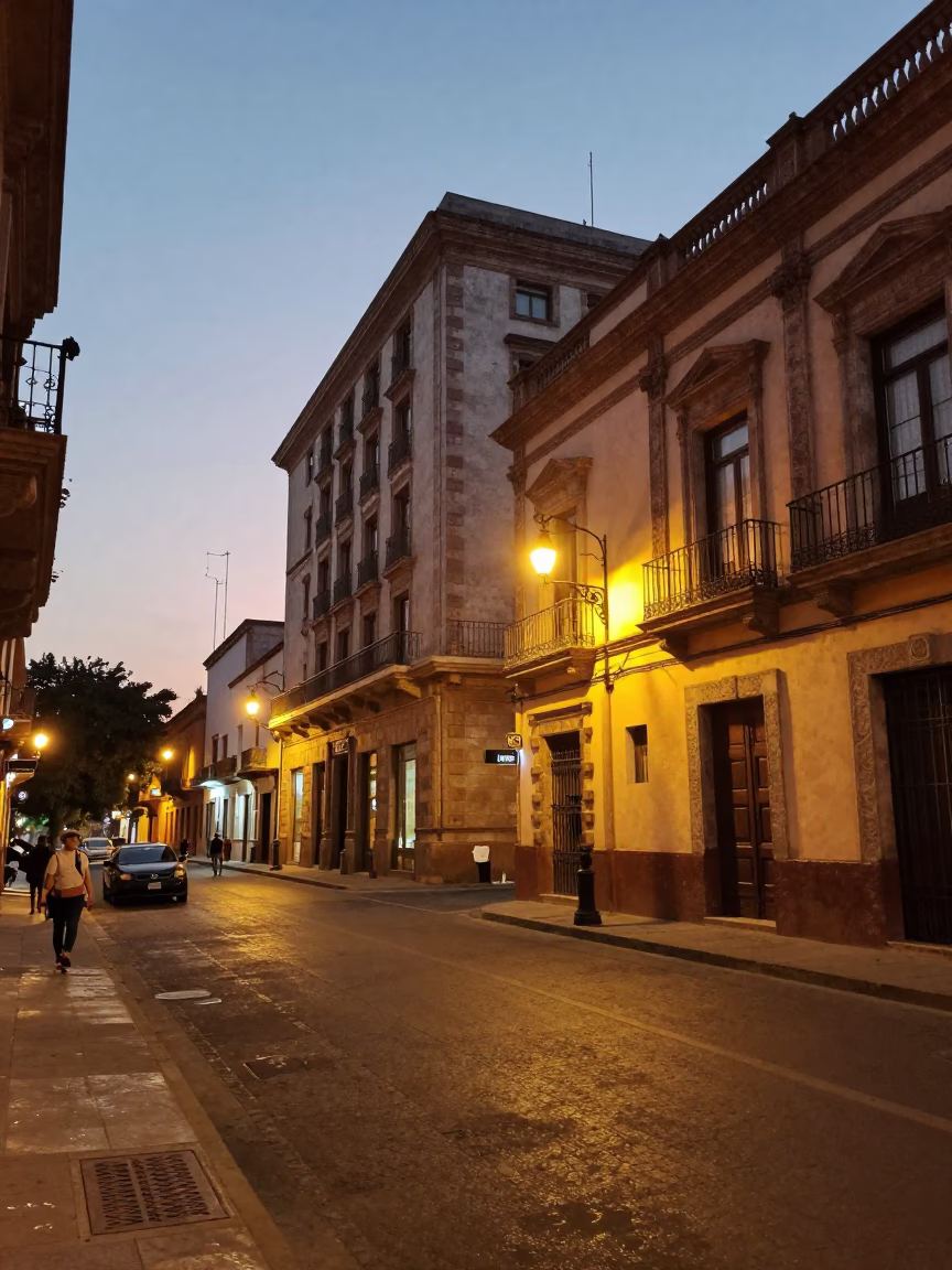 Guadalajara Mexico Street Scene at Dusk with Vintage 1970s Architecture and Local Life in in Guadalajara, Mexico