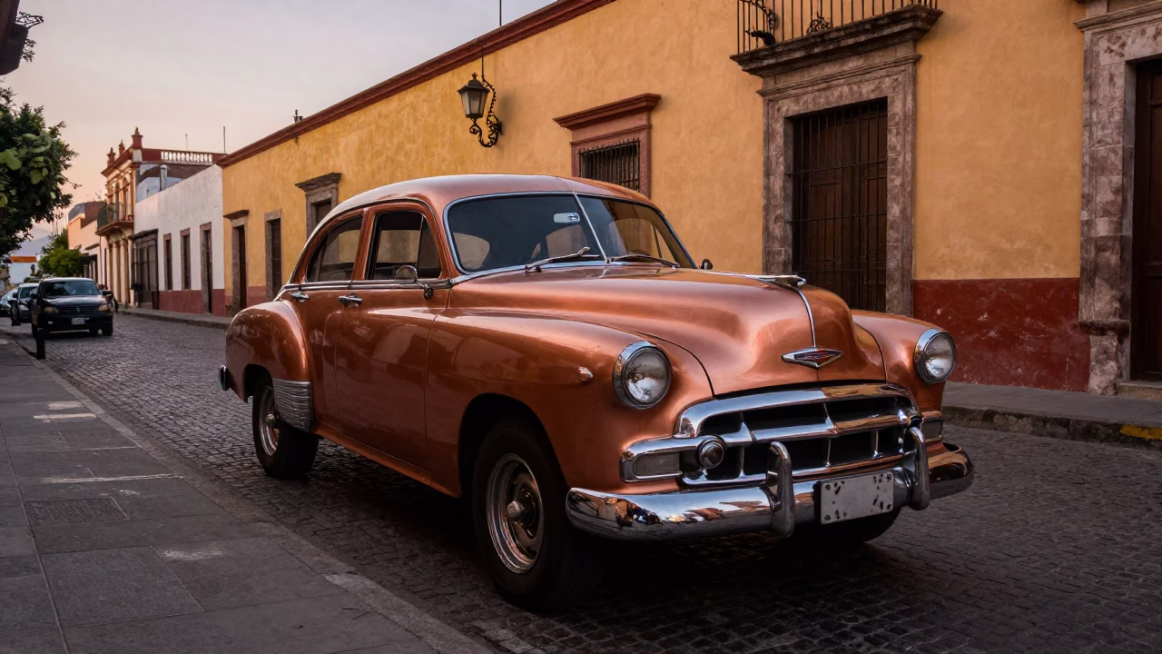 Guadalajara Mexico Street Scene at Dusk with Vintage Car and Coffee Tin in in Guadalajara, Mexico