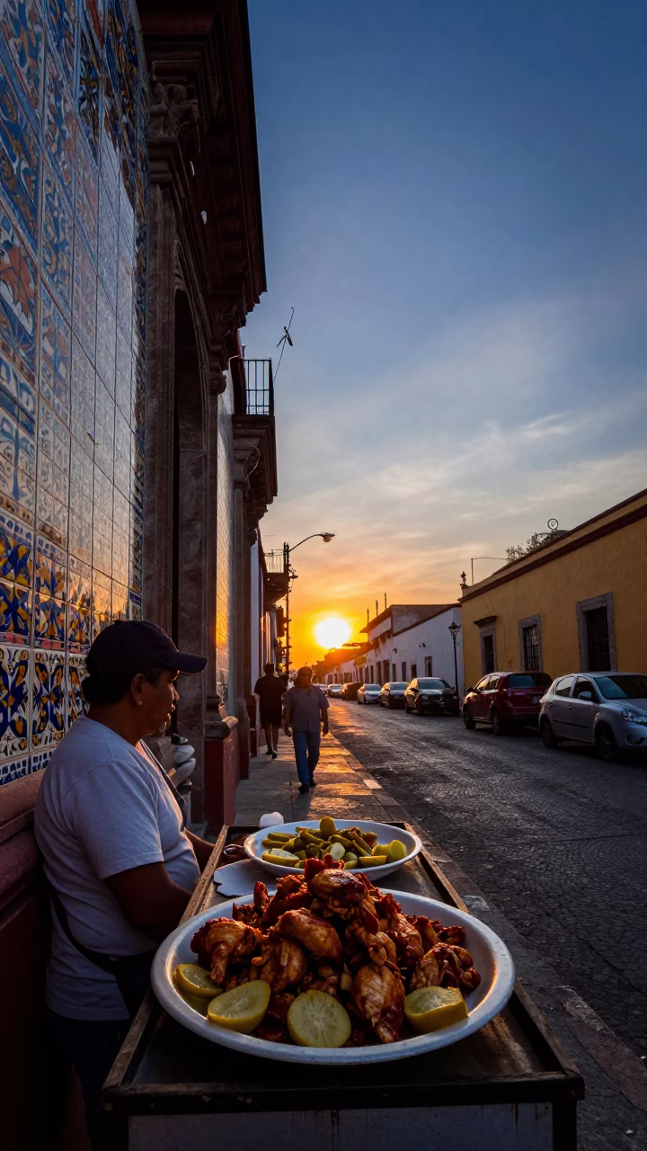 Guadalajara Mexico Street Scene at Sunset with Ceramic Tiles and Food Vendor in in Guadalajara, Mexico