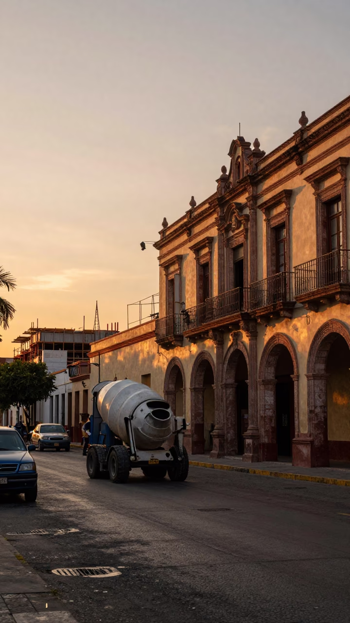Guadalajara Mexico Street Scene at Sunset with Construction and Vintage Cars in in Guadalajara, Mexico
