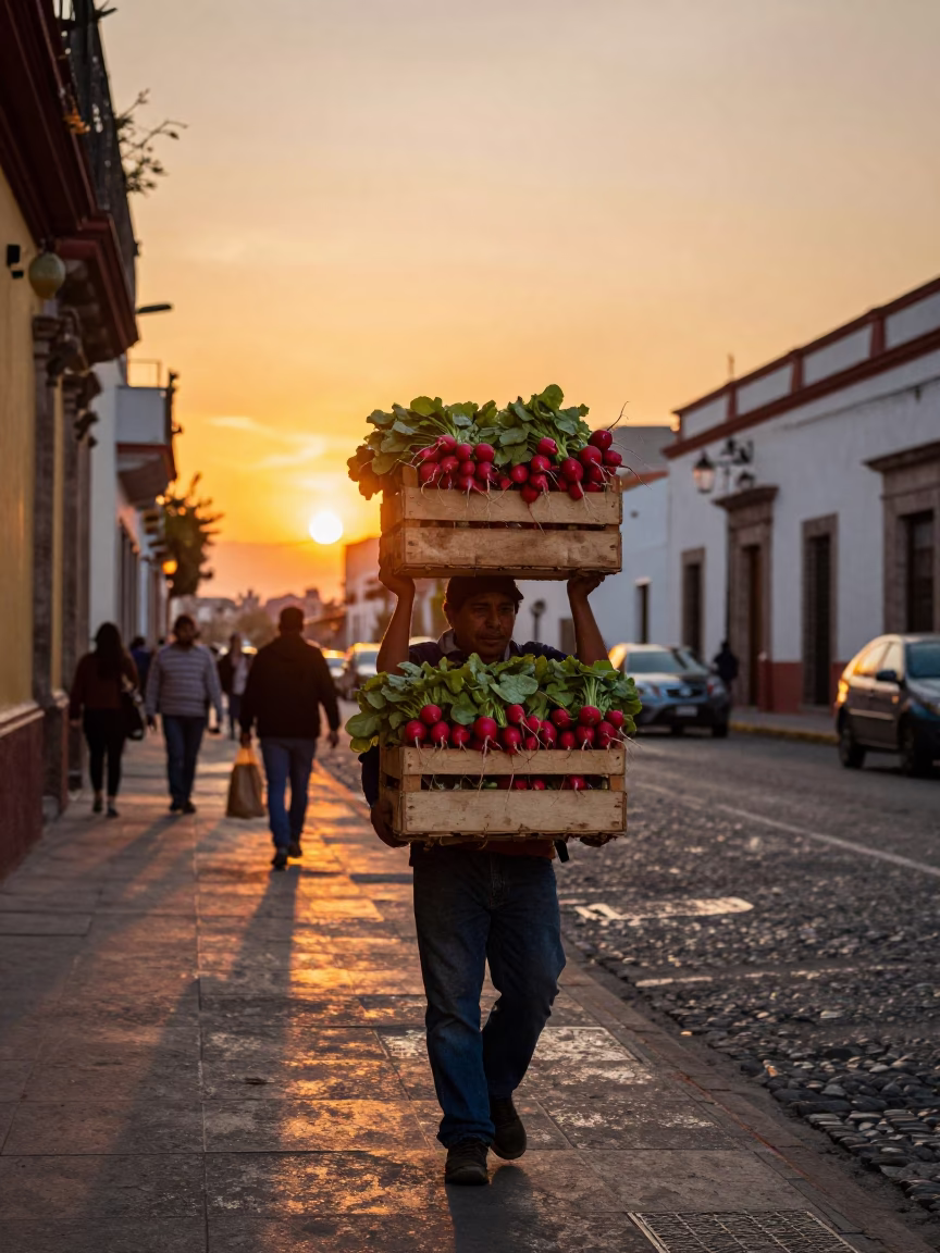 Guadalajara Mexico street scene at sunset with radishes and glass bottles in in Guadalajara, Mexico
