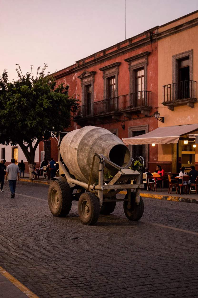 Guadalajara Mexico Street Scene Before Dusk with Cement Mixer and Avocado Tree in in Guadalajara, Mexico