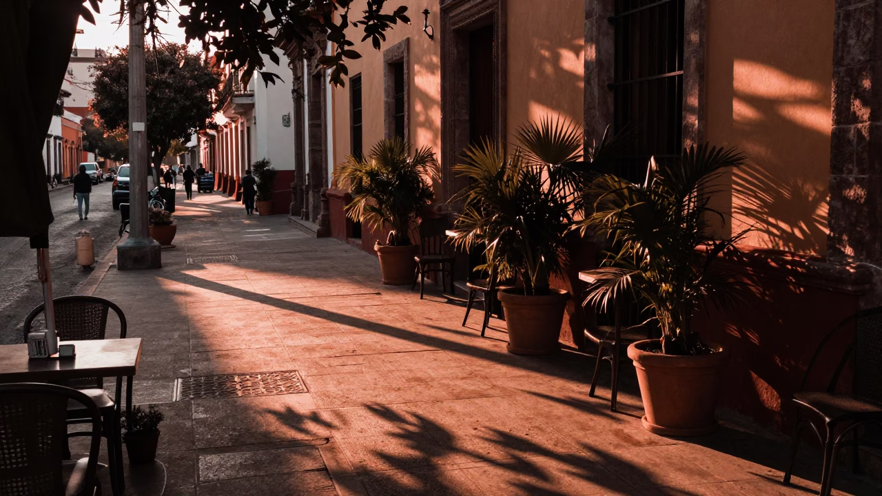 Guadalajara Mexico Street Scene Before Dusk with Leaf Shadows and Patterned Rug in in Guadalajara, Mexico