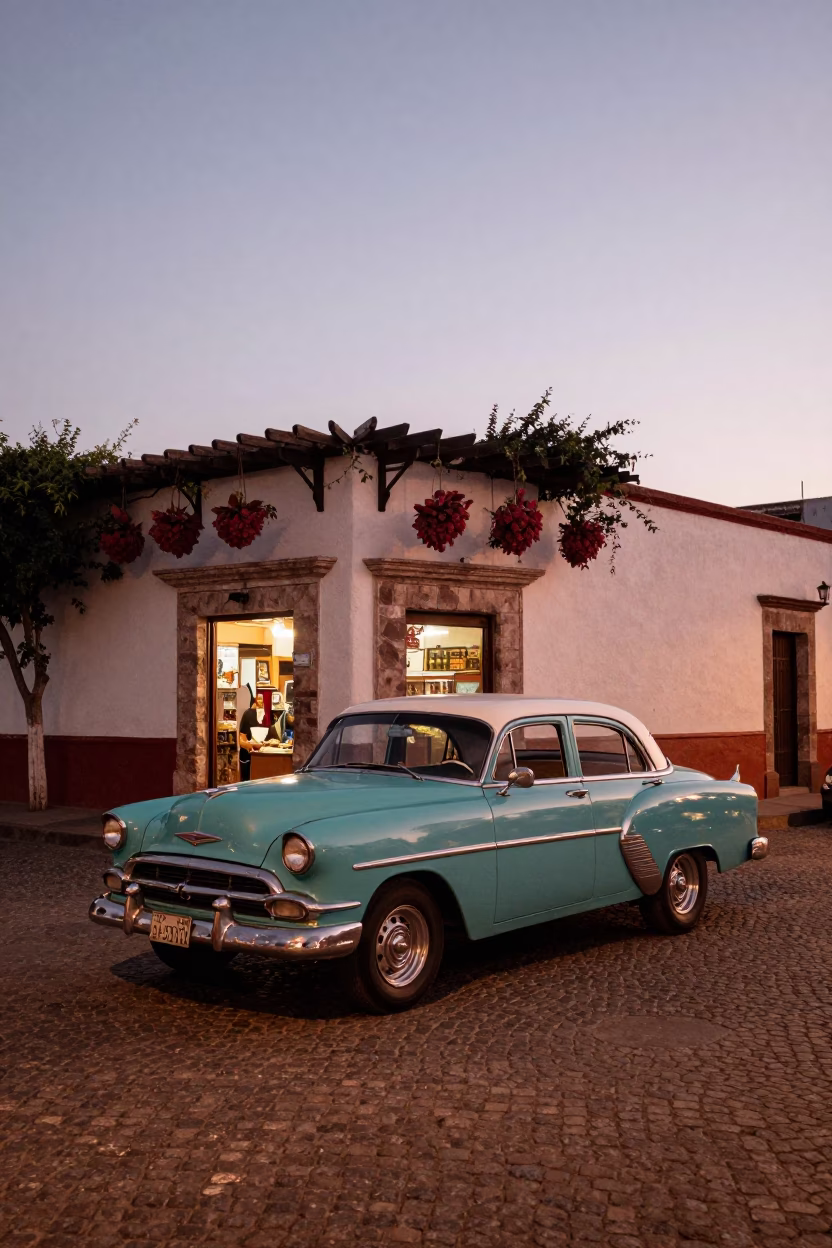 Guadalajara Mexico street scene before dusk with vintage car and colonial architecture in in Guadalajara, Mexico
