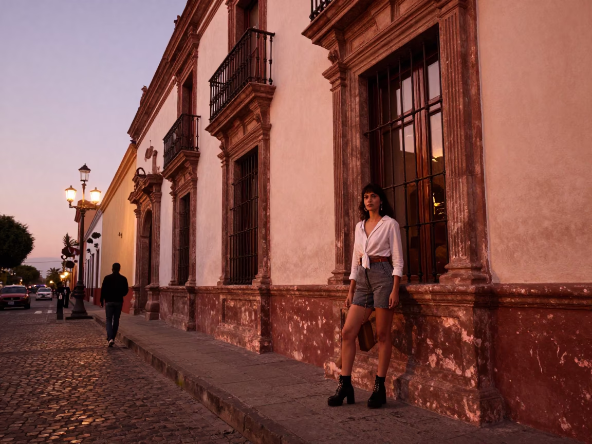 Guadalajara Mexico Street Scene Copper Light Before Dusk Fashion Subject in in Guadalajara, Mexico