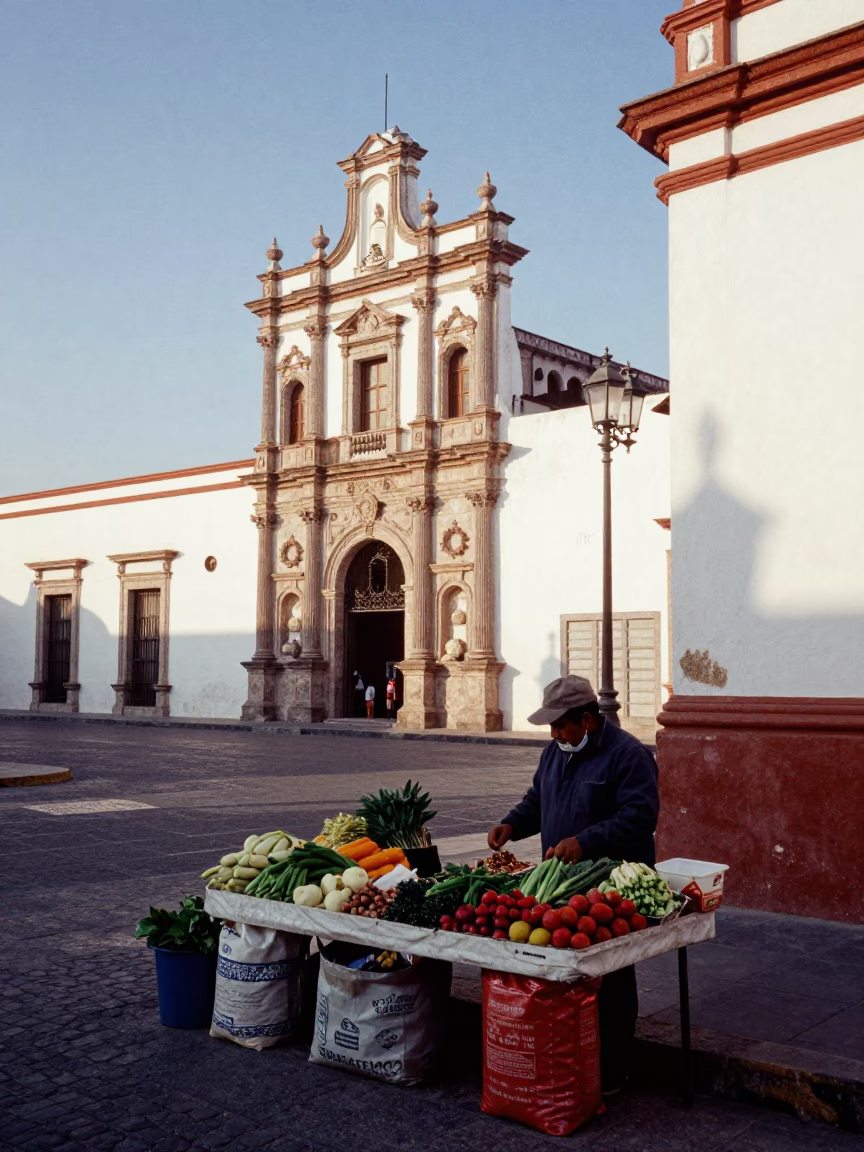 Guadalajara Mexico Street Scene Early Afternoon Local Vendor and Traditional Architecture in in Guadalajara, Mexico