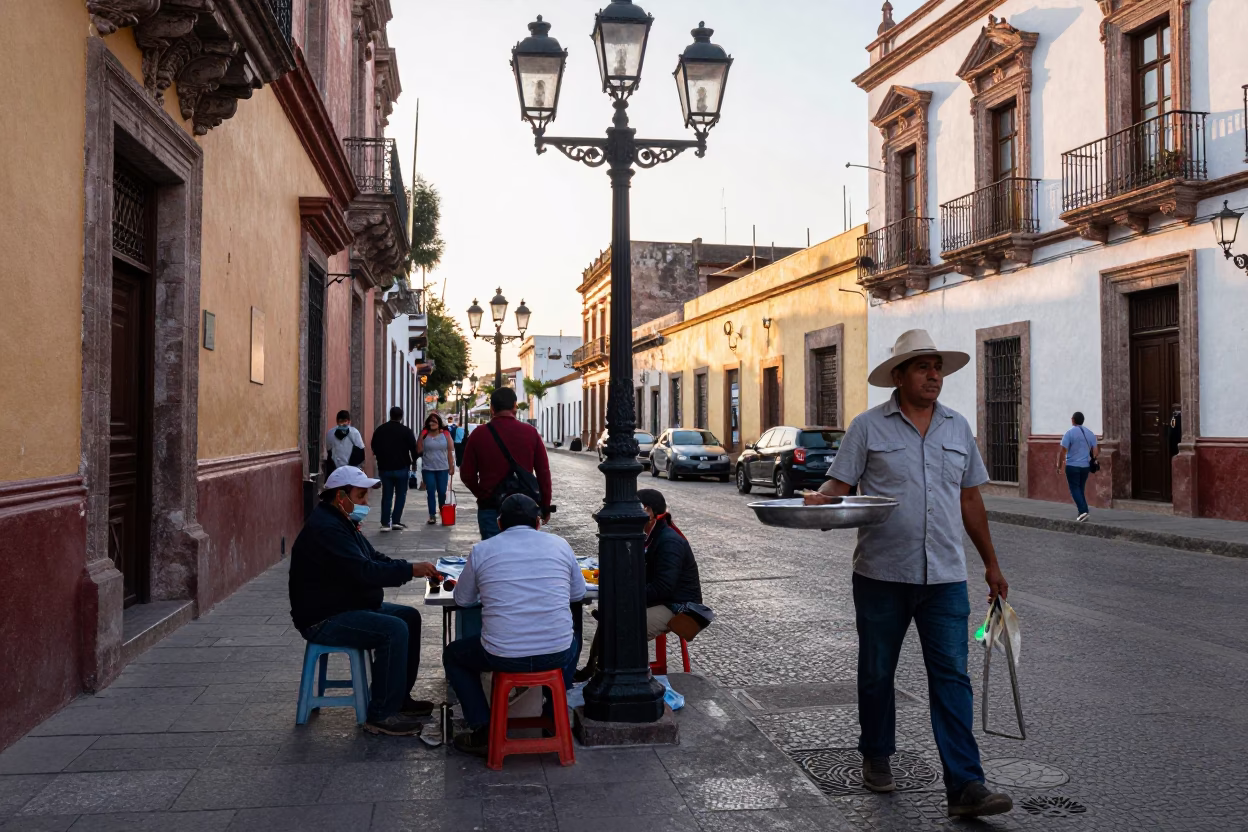 Guadalajara Mexico street scene just after sunrise with local vendors and morning light in in Guadalajara, Mexico