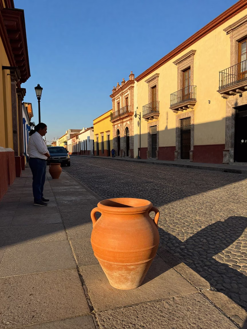 Guadalajara Mexico street scene late afternoon light with terracotta pot and coffee grinder in in Guadalajara, Mexico
