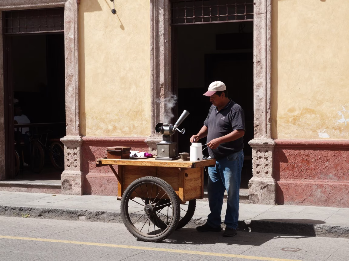Guadalajara Mexico Street Scene Under Noon Sun With Coffee Grinder and Olive Branch in in Guadalajara, Mexico