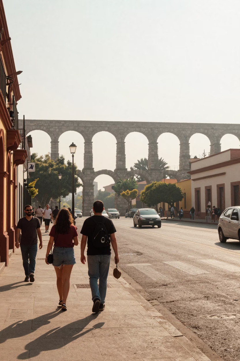 Guadalajara Mexico Street Scene with Aqueduct Arcade in Summer Haze in in Guadalajara, Mexico