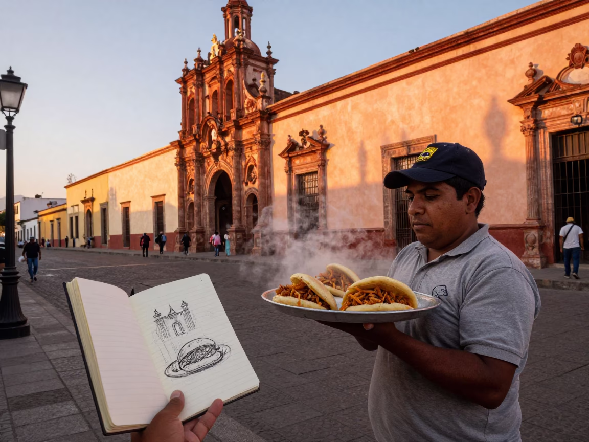 Guadalajara Mexico Street Scene with Arepas and Sketchbook in Copper Dusk Light in in Guadalajara, Mexico