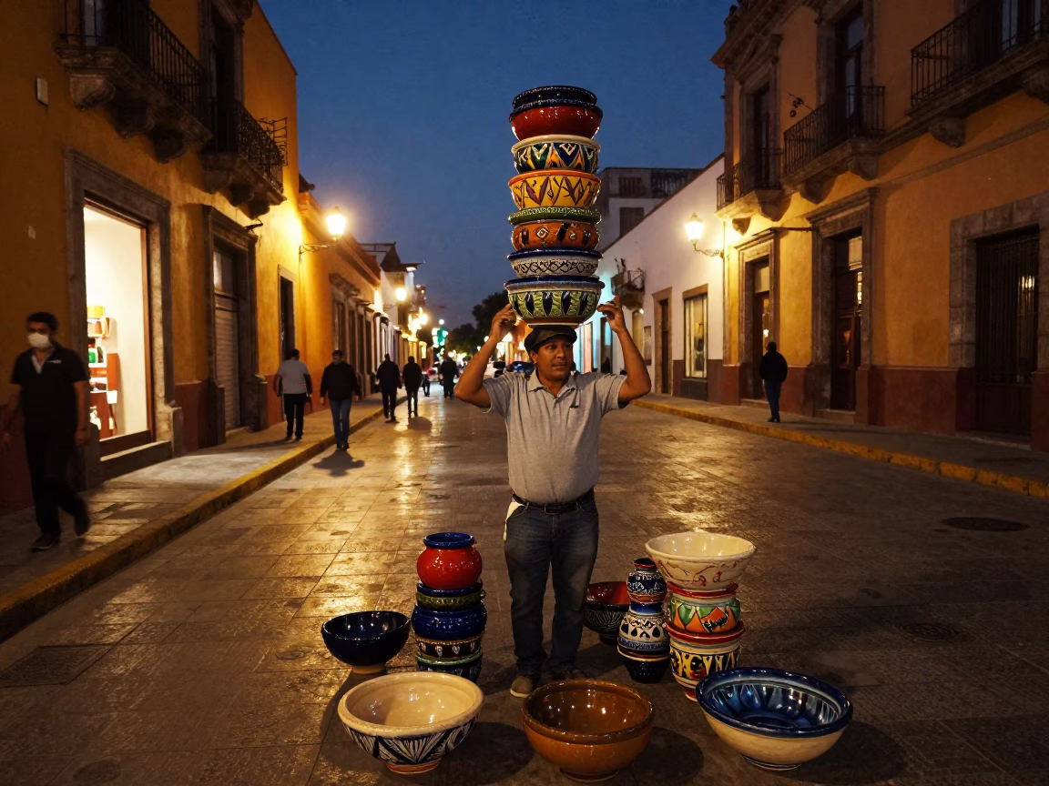Guadalajara Mexico Street Scene with Ceramic Bowl and City Lights at Dusk in in Guadalajara, Mexico