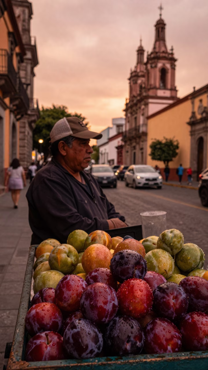 Guadalajara Mexico Street Scene with Copper Toned Dusk Light and Local Market Details in in Guadalajara, Mexico