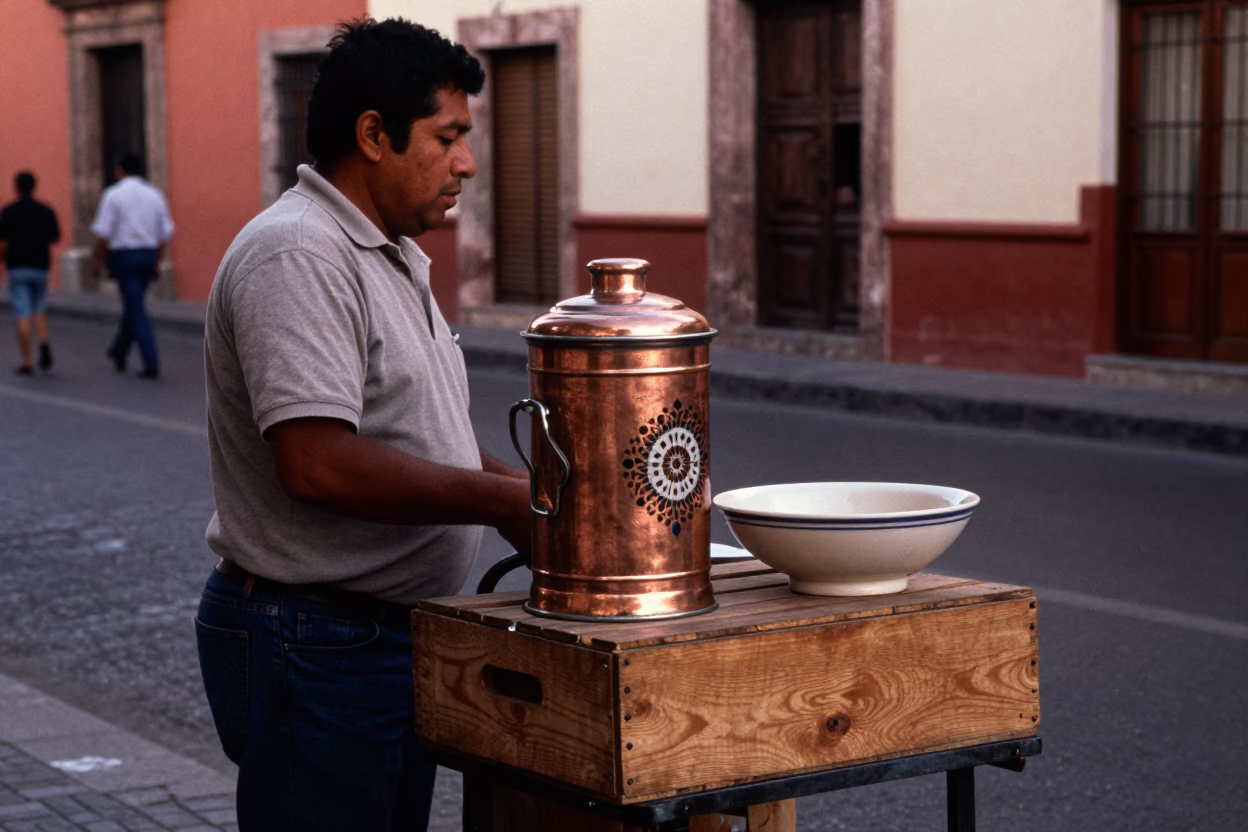 Guadalajara Mexico Street Scene with Tiffin Tin and Ceramic Bowl in Copper Dusk Light in in Guadalajara, Mexico