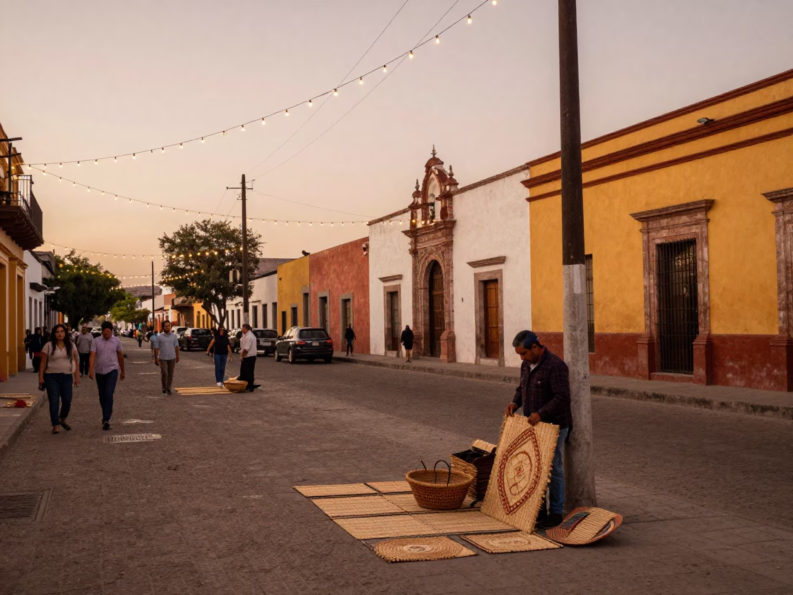 Guadalajara Mexico Street Scene with Woven Mats and String Lights in Honeyed Evening Light in in Guadalajara, Mexico