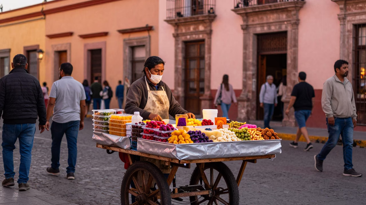 Guadalajara Mexico street vendor selling colorful treats in copper dusk light in in Guadalajara, Mexico