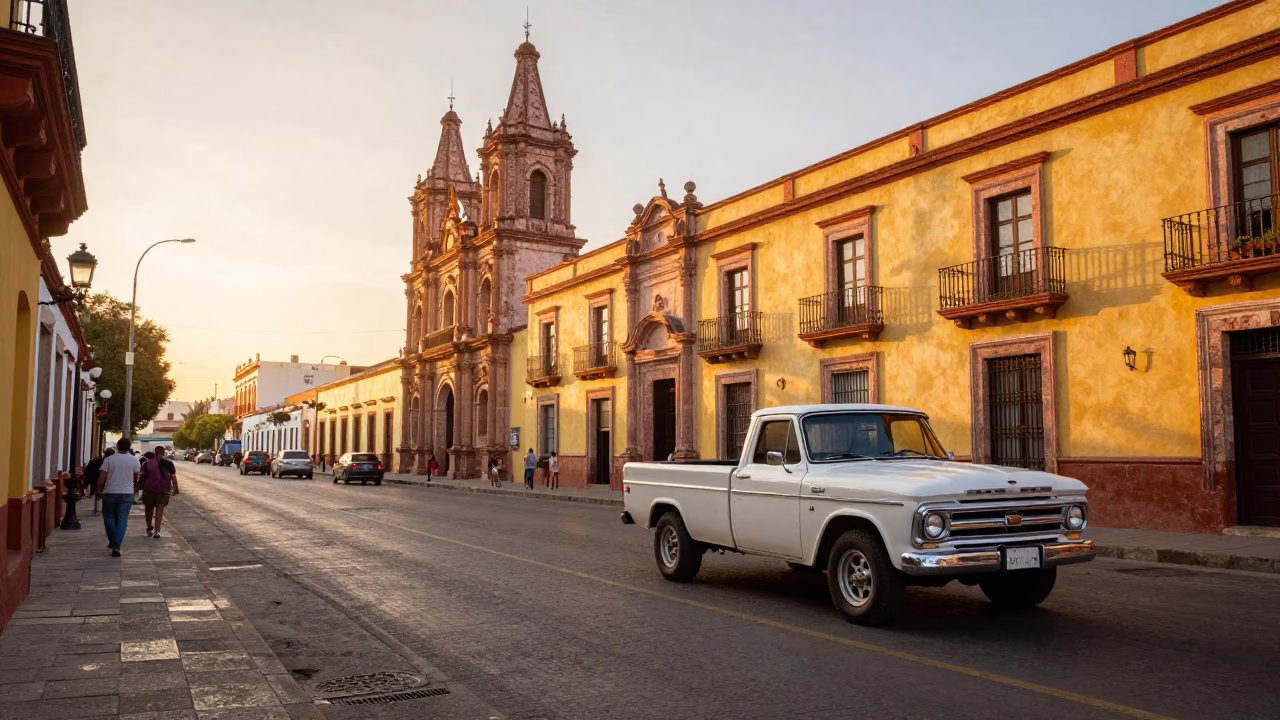 Guadalajara Mexico Sunrise Street Scene with Vintage 1960s Charm and Local Life in in Guadalajara, Mexico