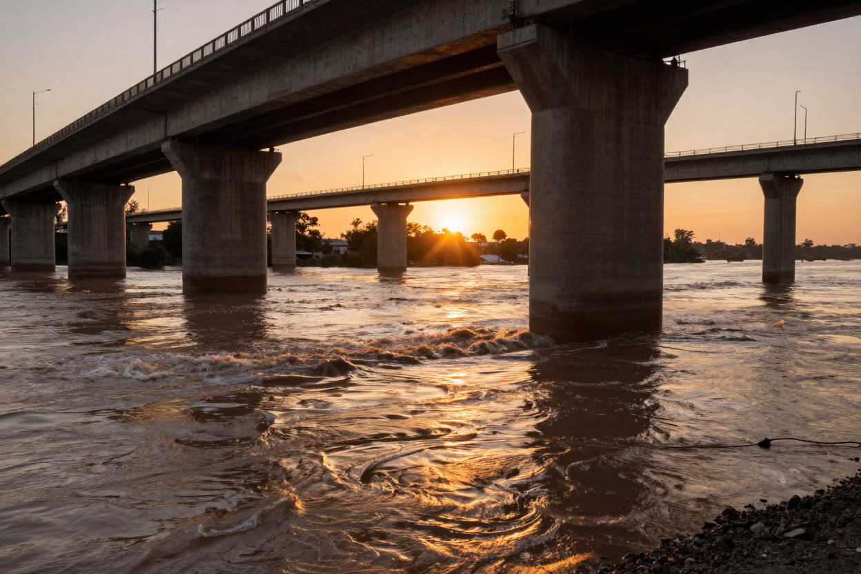 Guadalajara Mexico Sunset Bridge Piers Muddy Floodwater River Scene in in Guadalajara, Mexico