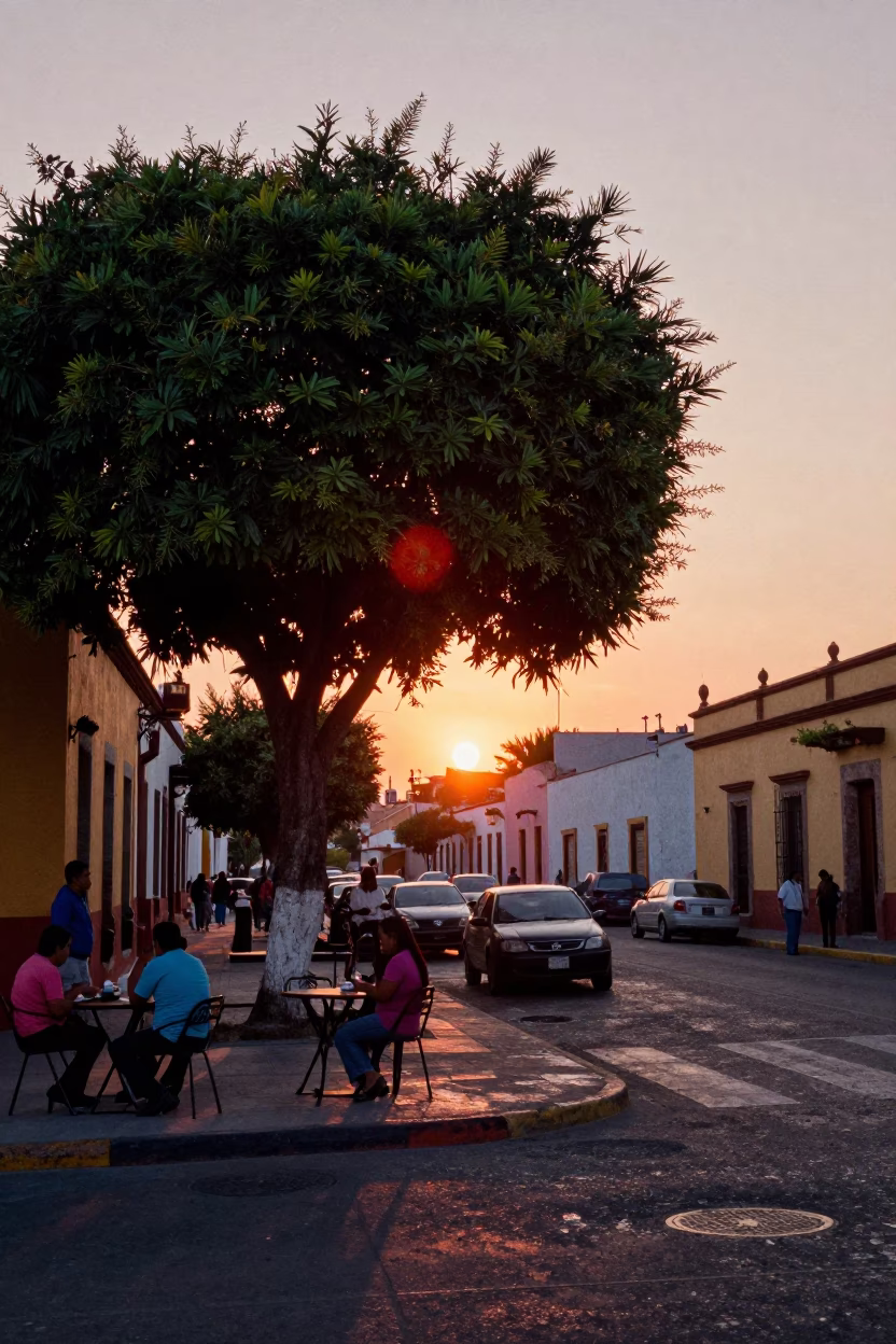 Guadalajara Mexico Sunset Street Scene with Avocado Tree and Local Life in in Guadalajara, Mexico