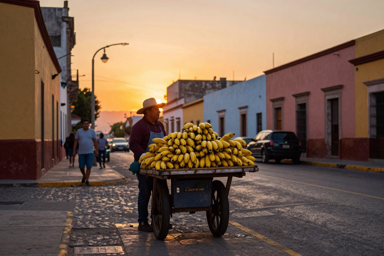 Guadalajara Mexico Sunset Street Scene with Fruit Vendor and Colorful Architecture in in Guadalajara, Mexico