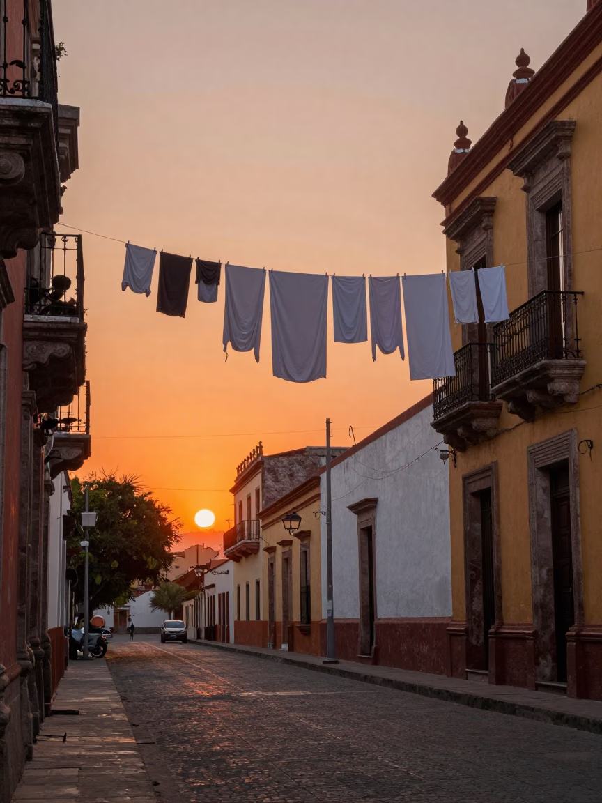 Guadalajara Mexico Sunset Street Scene with Laundry Lines and Local Life in in Guadalajara, Mexico