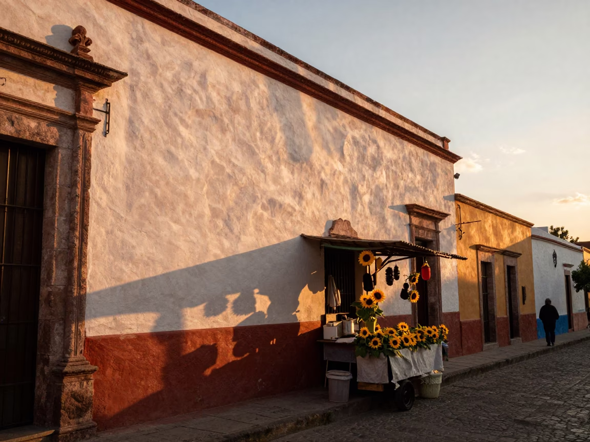Guadalajara Mexico Sunset Street Scene with Sunflowers and Local Market Details in in Guadalajara, Mexico