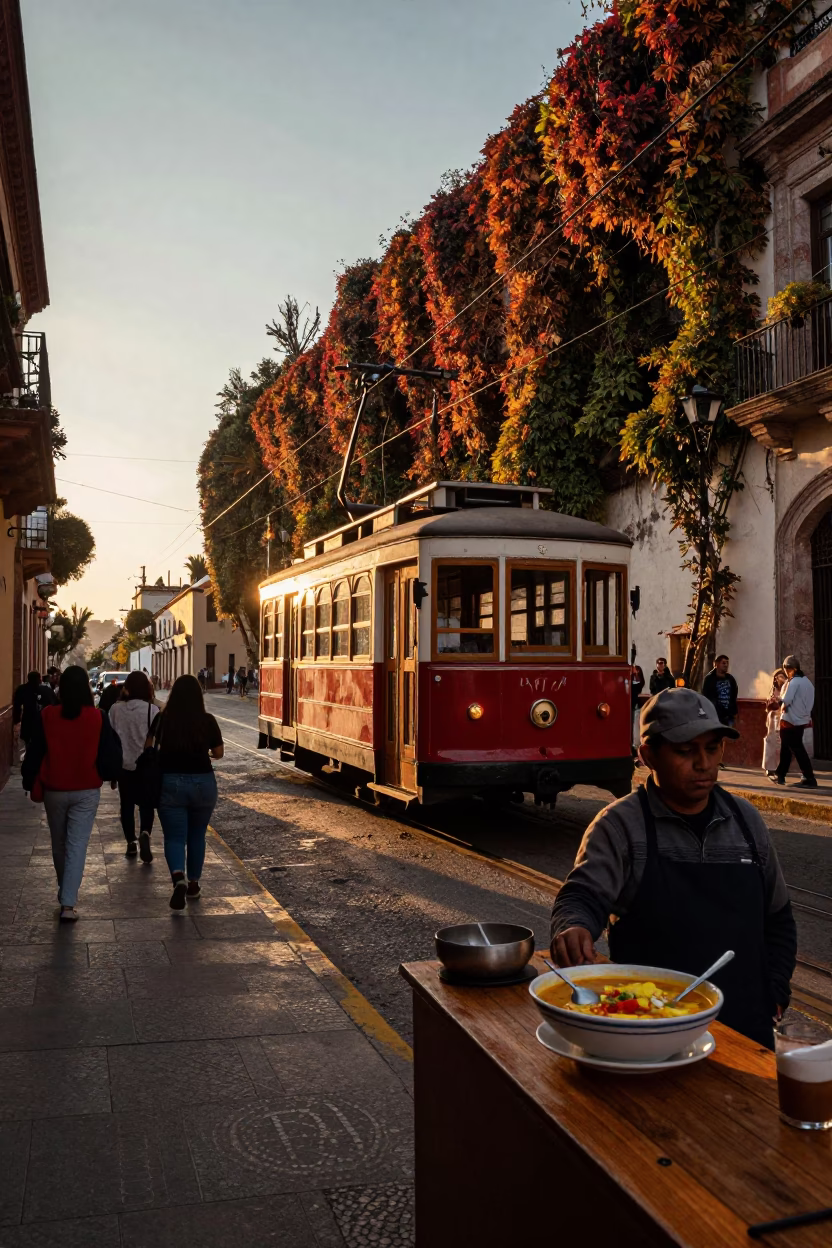 Guadalajara Mexico Sunset Street Scene with Vintage Funicular and Local Market Activity in in Guadalajara, Mexico