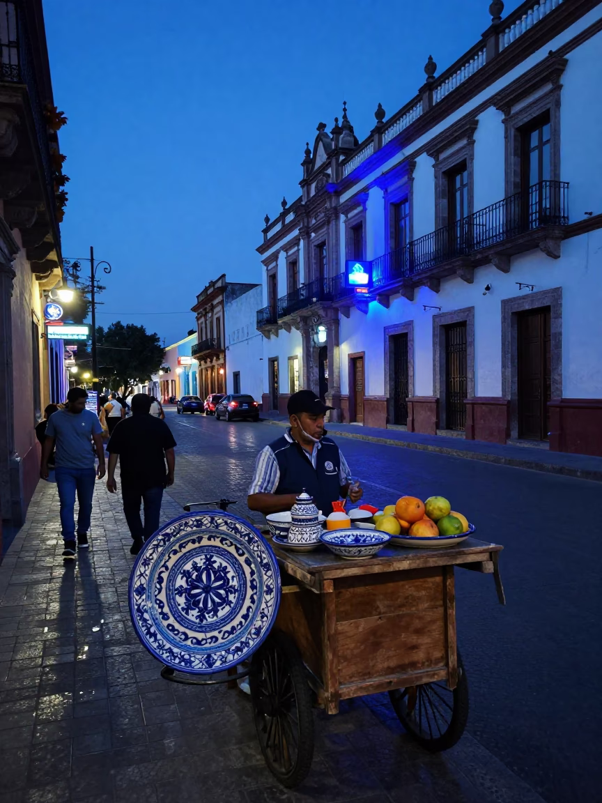 Guadalajara Mexico Twilight Street Scene with Ceramic Plate and Fruit Crate in in Guadalajara, Mexico
