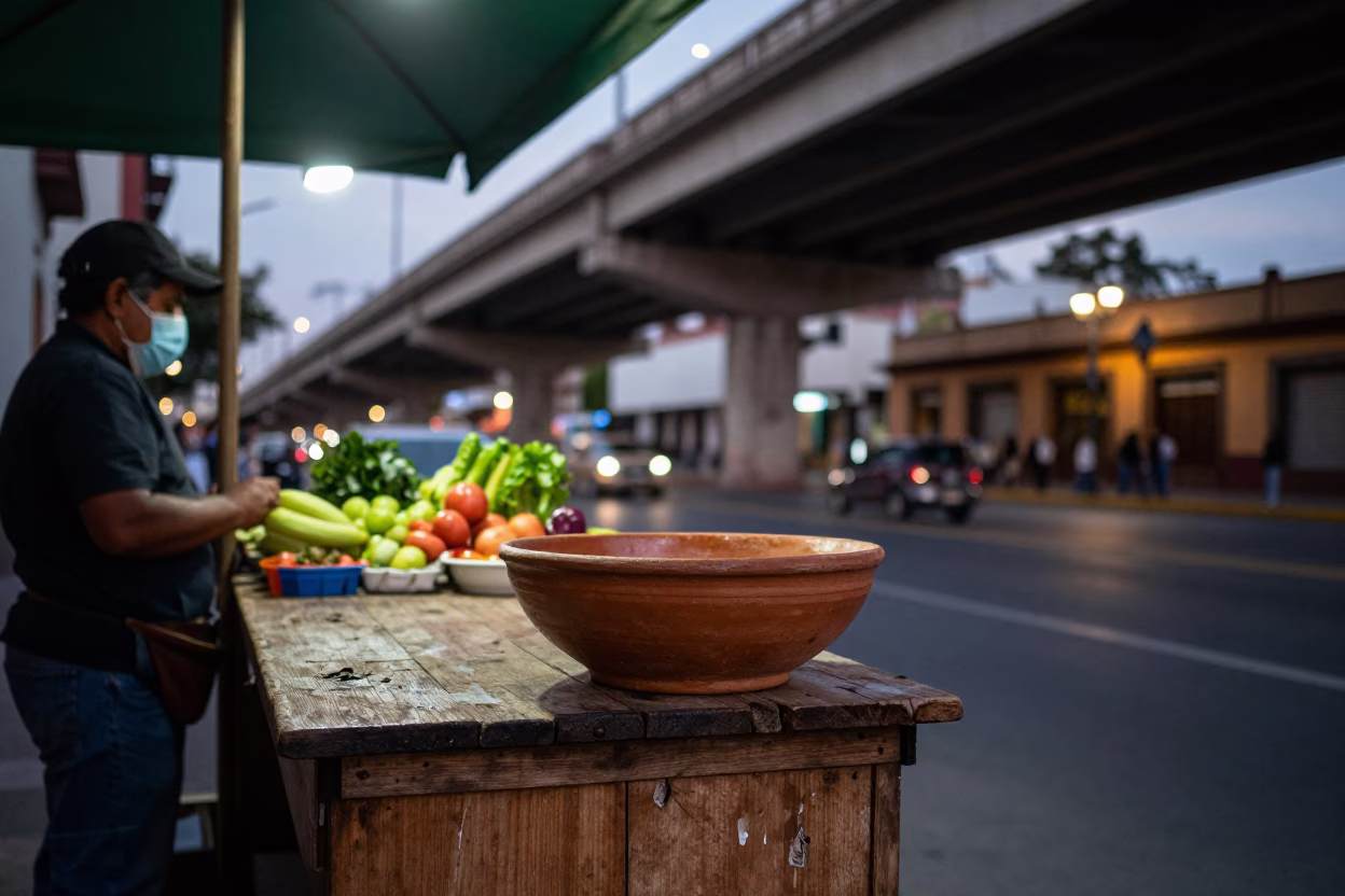 Guadalajara Mexico Twilight Street Scene with Terracotta Bowl and Overpass Taillights in in Guadalajara, Mexico