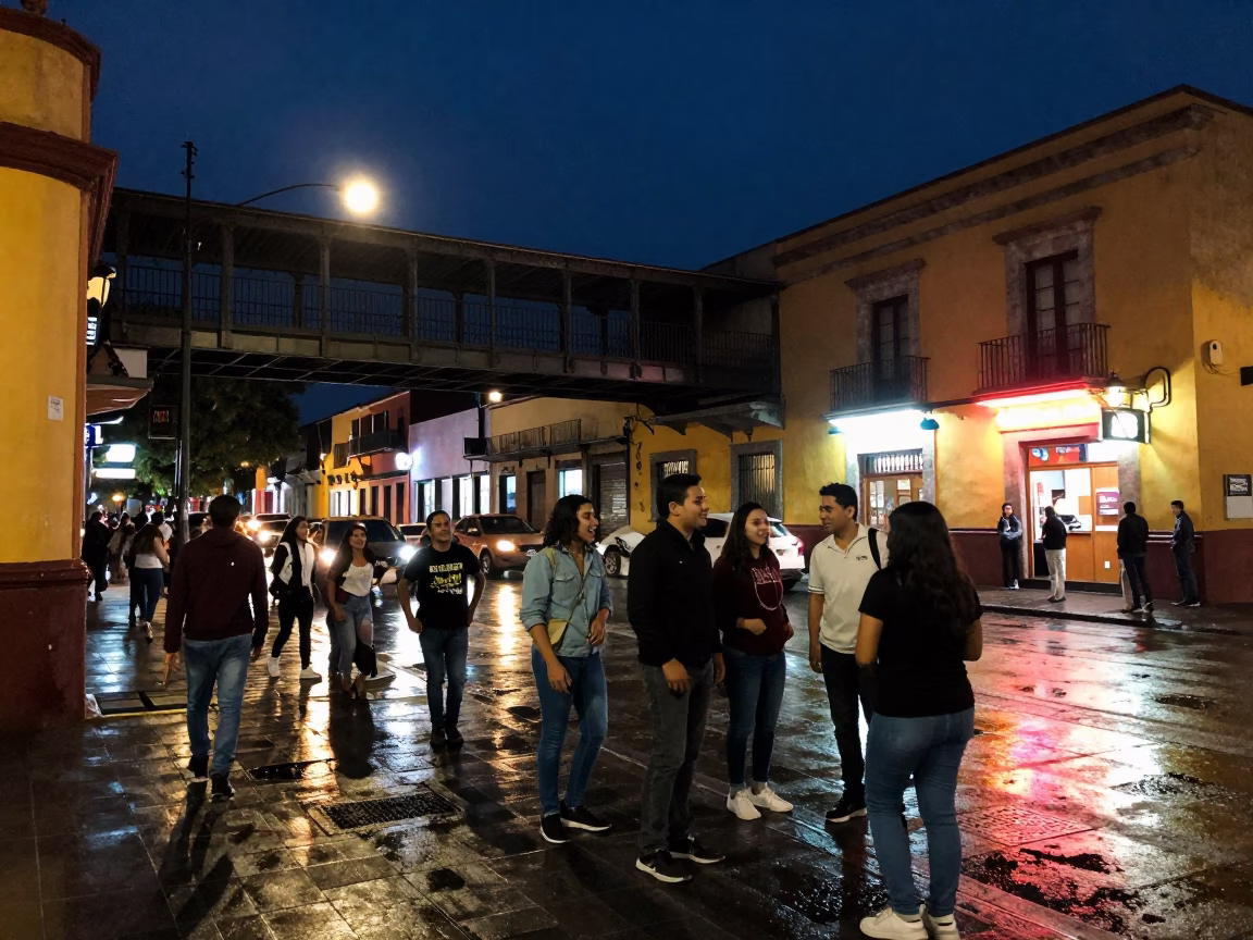 Guadalajara Midnight Street Scene with Pedestrian Overpass and Local Nightlife in in Guadalajara, Mexico