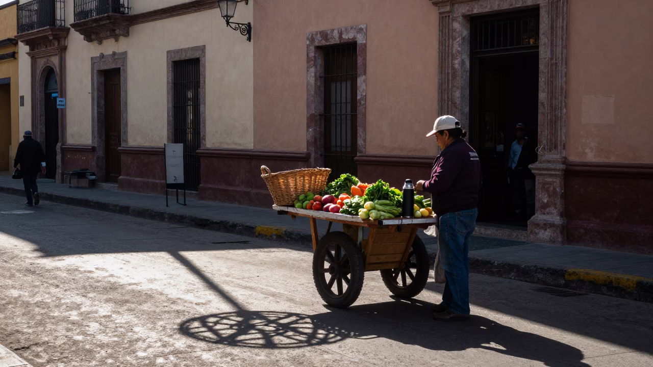 Guadalajara Morning Street Scene with Wicker Shadow and Thermos at First Light in in Guadalajara, Mexico