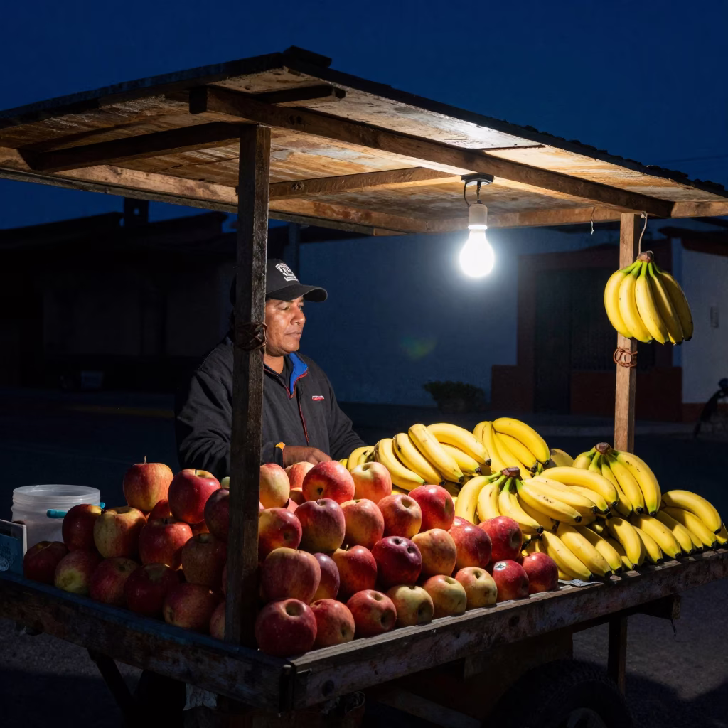 Guadalajara Night Market Stall with Fresh Fruit Under Deep Night Sky in in Guadalajara, Mexico