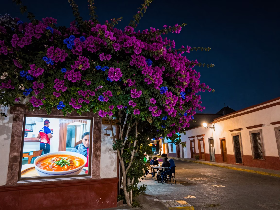 Guadalajara Night Street Scene with Plumbago Hedge and Local Diner Interior in in Guadalajara, Mexico