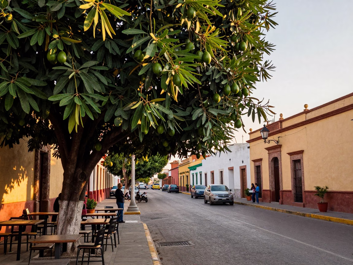 Guadalajara Street Scene at Golden Hour with Avocado Tree and Tamarind Pods in in Guadalajara, Mexico