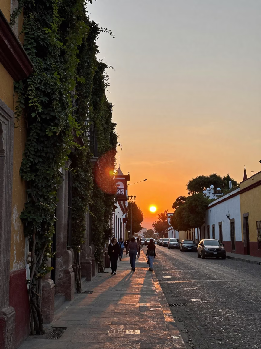Guadalajara street scene at sunset with ivy vines and rusted hinges in in Guadalajara, Mexico