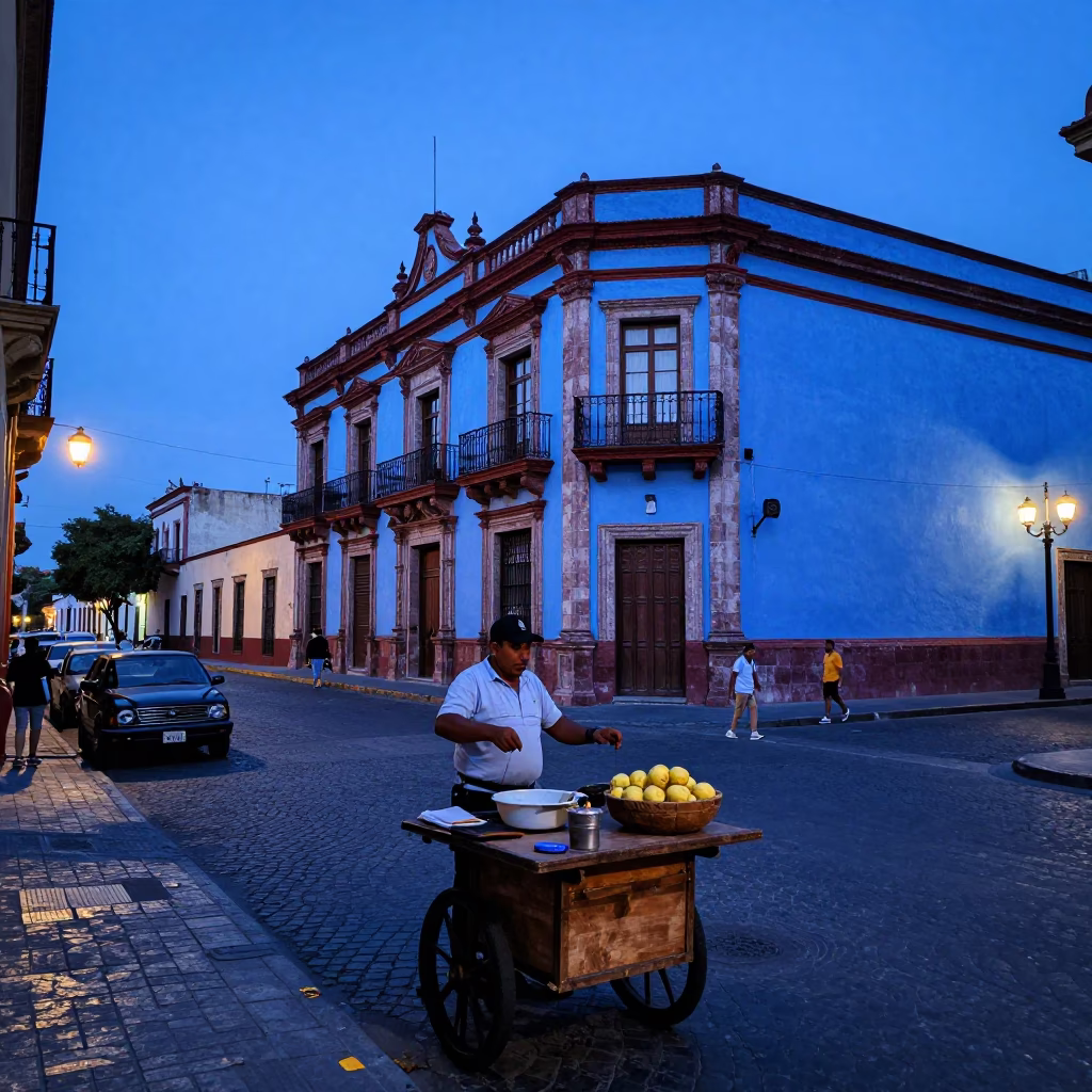 Guadalajara Street Scene in Indigo Twilight with Vintage Italian Majolica Plate in in Guadalajara, Mexico