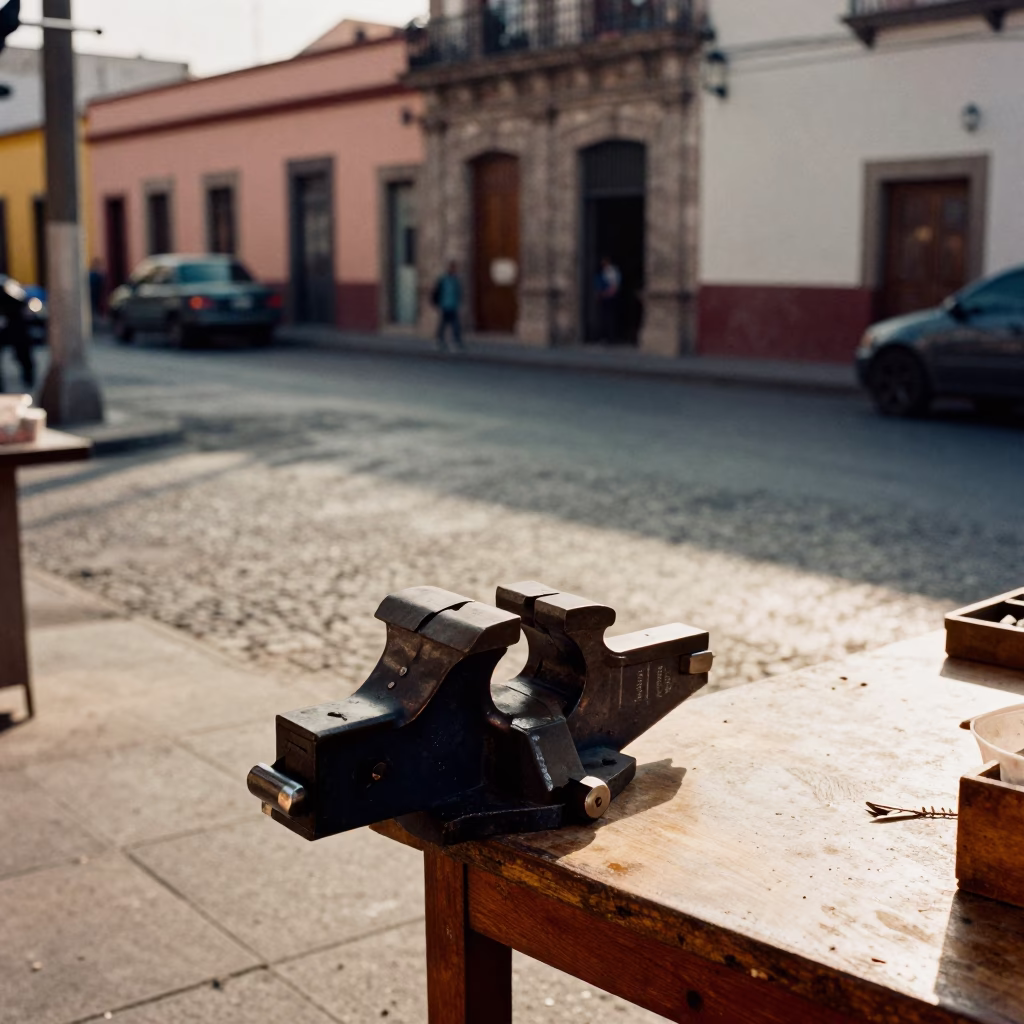 Guadalajara Street Scene Late Afternoon with Workbench Vise and Local Craftsmen in in Guadalajara, Mexico