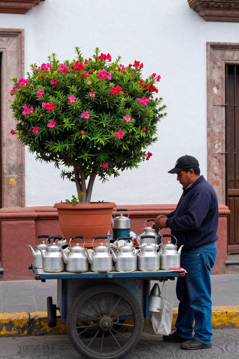 Guadalajara street vendor selling tea near flowering plant in in Guadalajara, Mexico